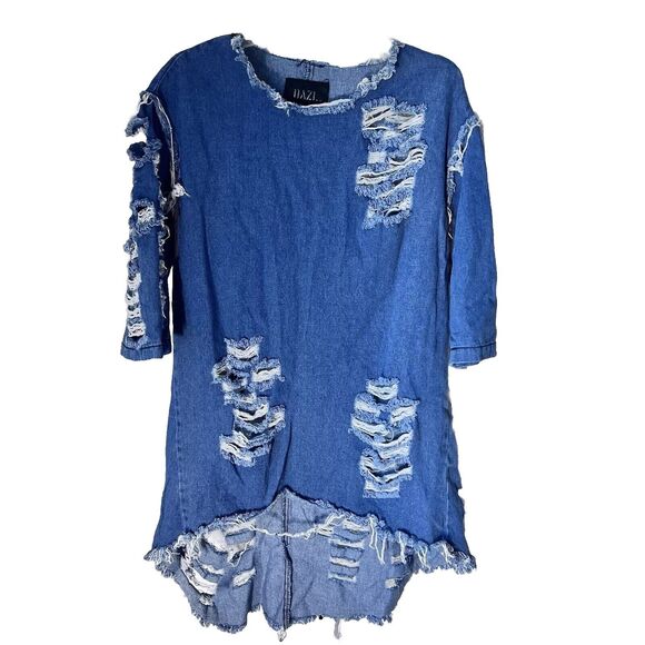 Dazi Blue Denim Tunic  1X Ripped Distressed Grunge Dress Street Boho Hippie - Picture 1 of 9